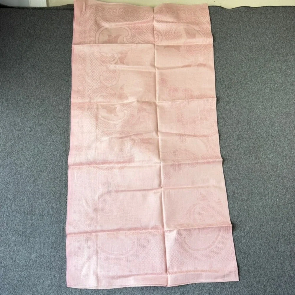 Vintage Peasant-Craft Pink Linen Damask Tablecloth‎ 52x52 Made in Belgium NOS